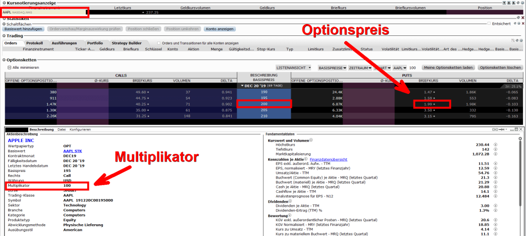 Screenshot aus dem Options Trader der TWS, welcher den Optionspreis der Apple Aktie zeigt