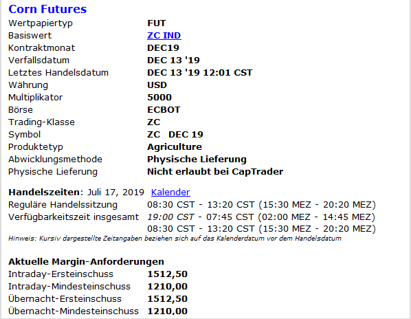 Corn Futures Kontraktspezifikationen: Screenshot aus der Trader Workstation