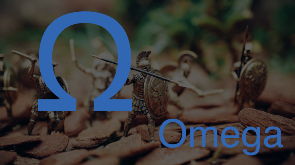 Kleine Griechen Figuren und blauer Text Omega und griechischer Buchstabe Omega
