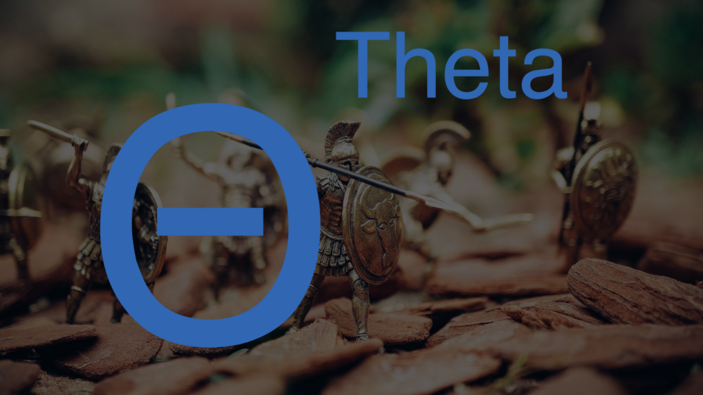 Kleine Griechen Figuren und blauer Text Theta und griechischer Buchstabe Theta